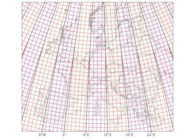 UTM grid in the European area, using cells of 100 km. As UTM zones (in one hemisphere) each have their own map projection, an angle arises between grid lines in two different UTM zones.