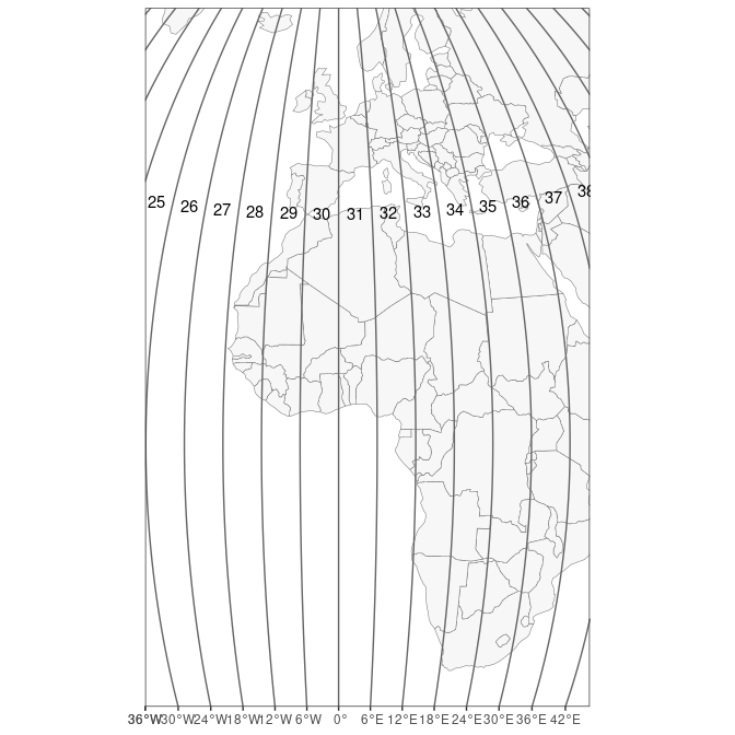 A map centered on Greenwich, showing how meridians define the borders of UTM zones.