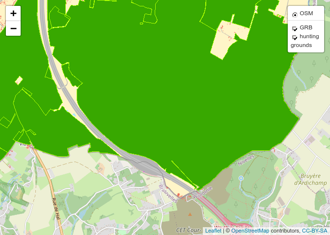 Leaflet map with the GRB-basiskaart, hunting ground and the OpenStreetMap (OSM) as background